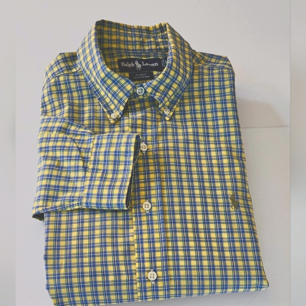 Ralph Lauren Mens Blake Large Long Sleeve Button Down Yellow/Blue Plaid
